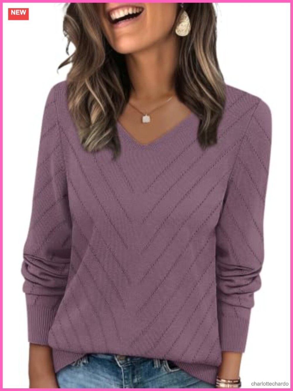 Womens V Neck Knit Sweater Long Sleeve Lightweight Crochet Pullover